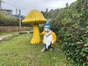 A garden gnome with a blue hat and yellow jacket stands next to a large, yellow mushroom sculpture in a grassy area. Surrounding the sculptures are lush green plants with small red flowers.