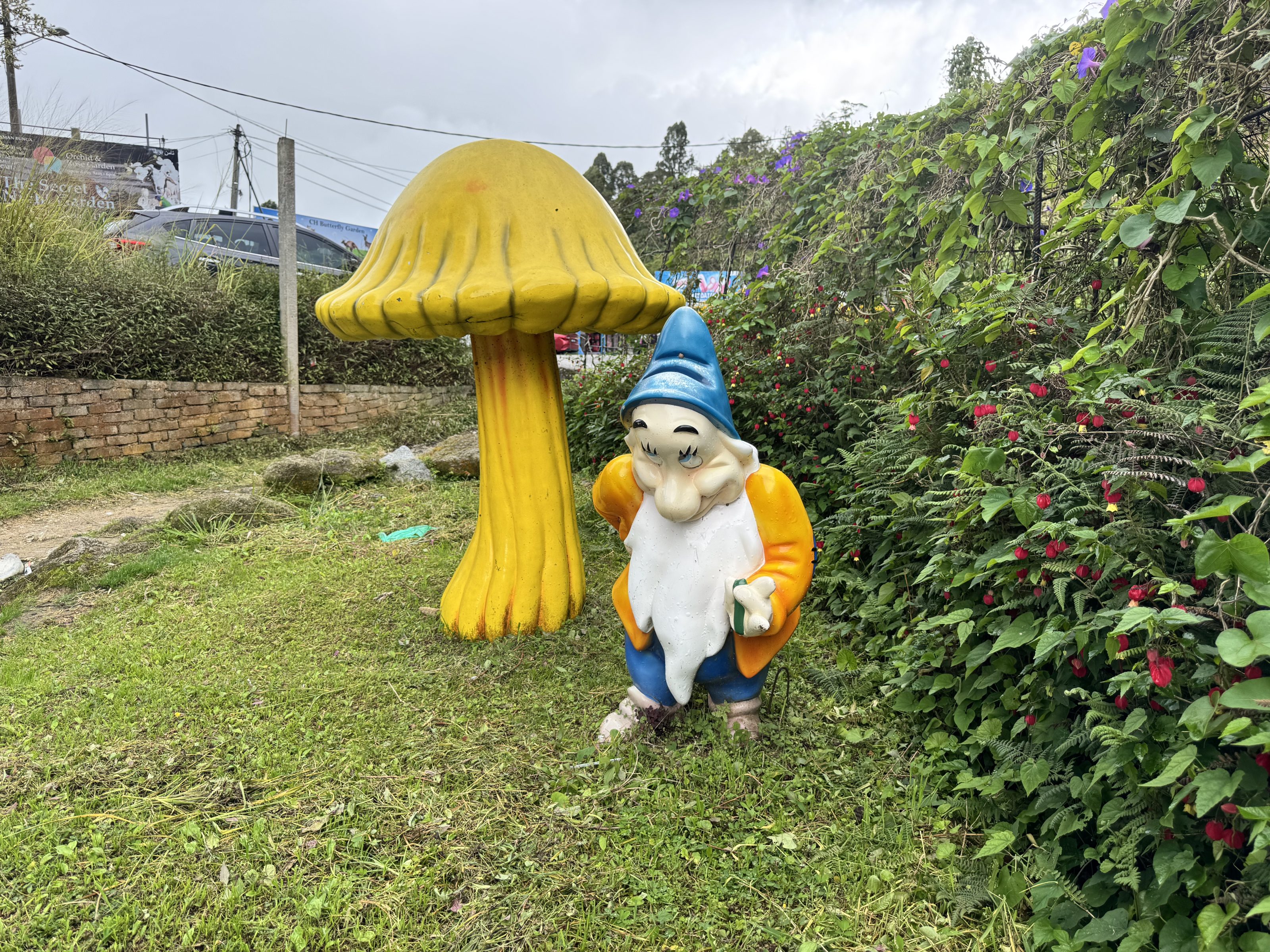 A garden gnome with a blue hat and yellow jacket stands next to a large, yellow mushroom sculpture in a grassy area. Surrounding the sculptures are lush green plants with small red flowers.