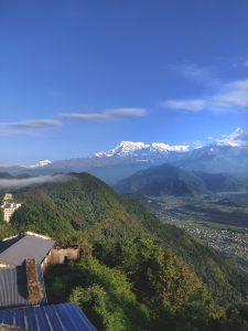 A breathtaking view of the Himalayan mountain range in Nepal, showcasing majestic peaks near Pokhara.