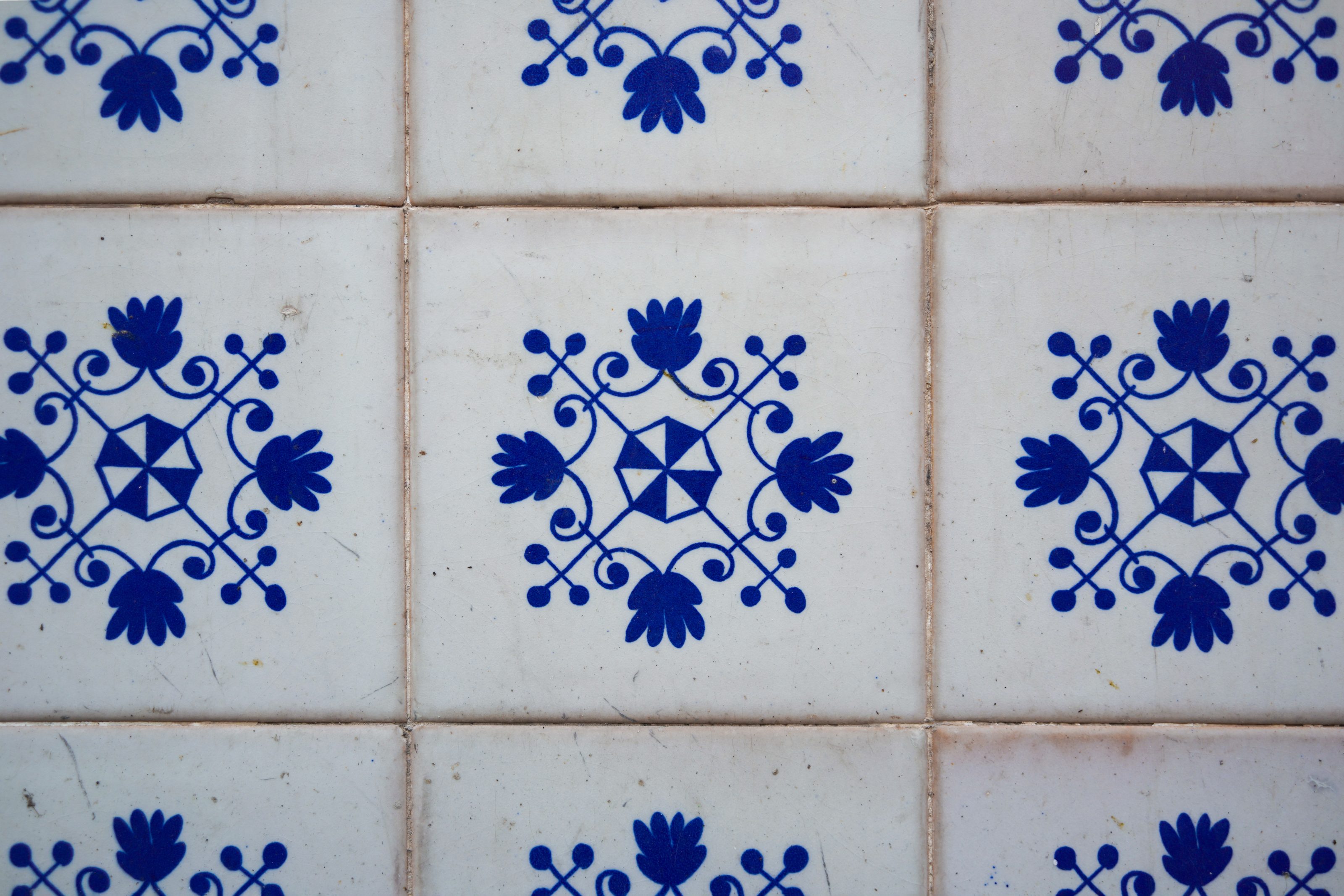 Ceramic tiles with a blue symmetrical floral pattern on a white background.