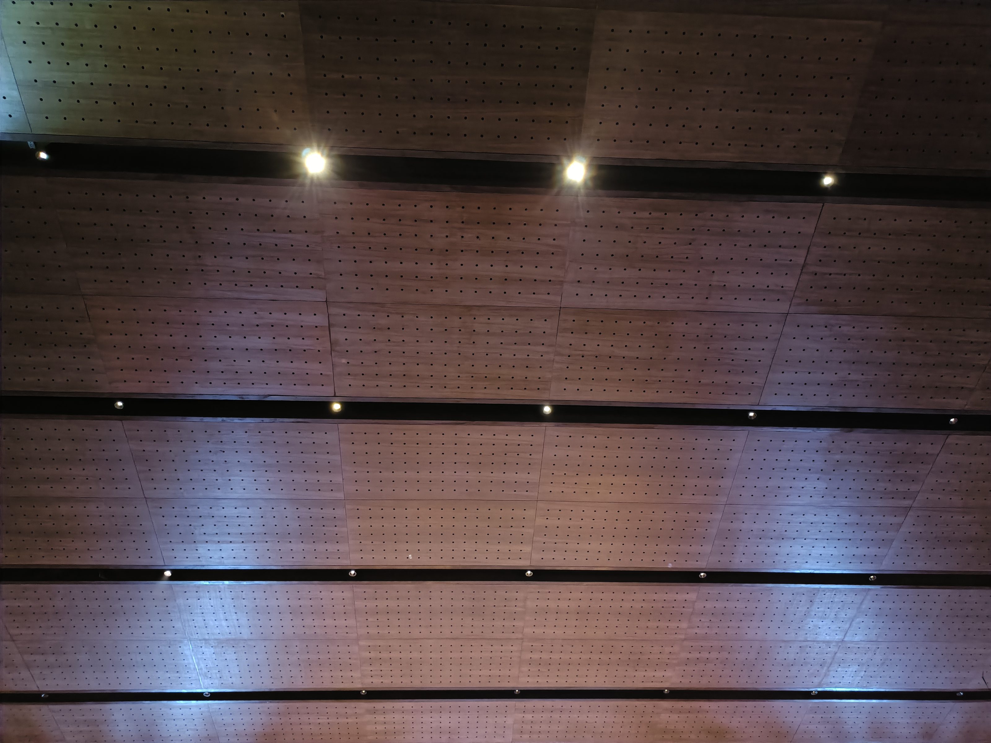 Wooden, symmetrical holed, sound boarded ceiling, inset spotlights run symmetrically along the beams pattern.