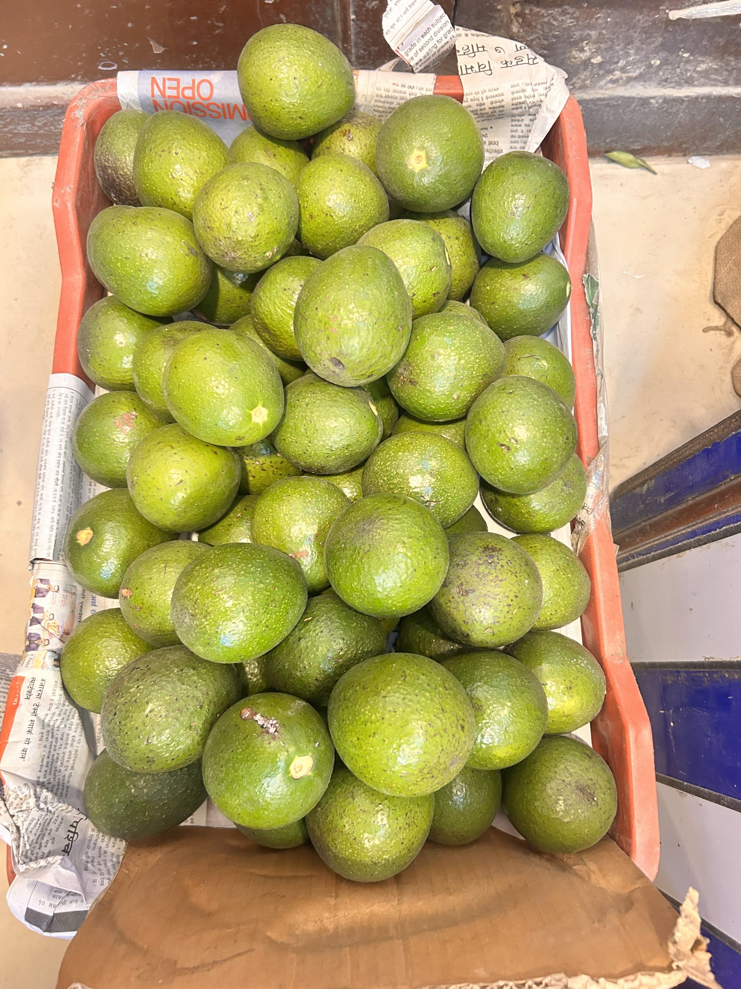 A pile of green avocados in a crate lined with newspaper.