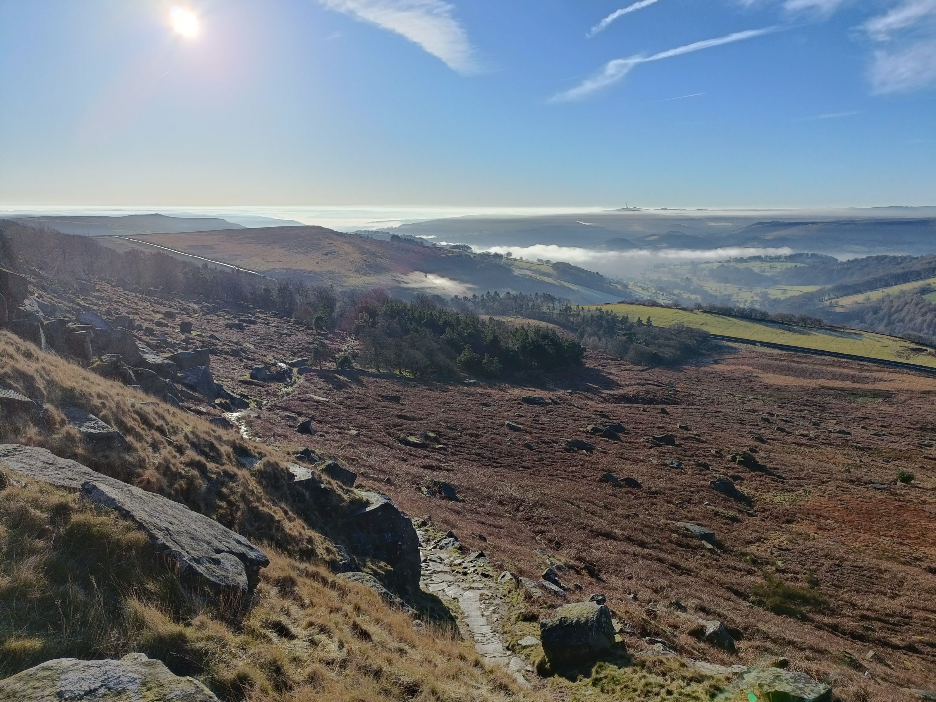 A wintry hillside moor in the British Peak District. The green-brown vegetation is studded with rocks. A stone path goes from the foreground off into the distance. In the distance lie various hill-tops with the valleys between full of low-lying clouds.