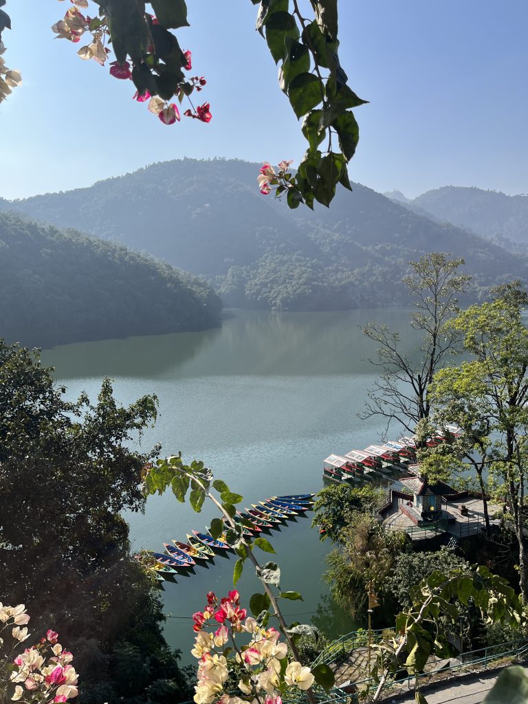 A serene view of Phewa Lake surrounded by lush green hills under a clear blue sky. Brightly colored flowers and green leaves frame the foreground, adding a vibrant touch to the image. A line of colorful boats is docked along the lake’s edge near a small pier with a quaint structure. The still water reflects the hills, creating a serene scene.