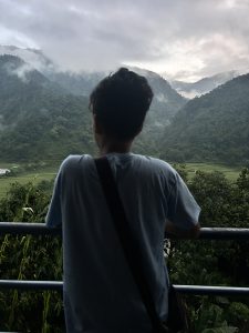 A person standing on a balcony, looking towards a misty mountain landscape with lush greenery under an overcast sky.