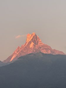 
A majestic Mt Fishtail peak bathed in warm, golden sunlight under a clear sky. The foreground is a darker silhouette of rolling hills.