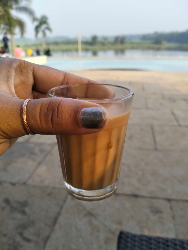 A "Dandeliya view with tea" would likely be a reference to enjoying the mesmerizing view of the landscapes of Dandeli while sipping a cup of tea, which is a common practice in the region. A hand holding a small glass of tea, with a lake and palm trees in the background.