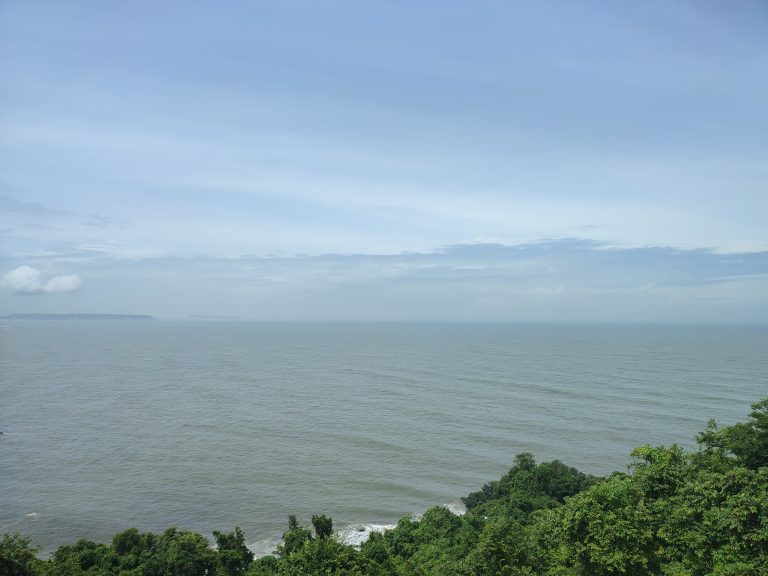 A scenic view of the ocean with gentle waves under a bright blue sky, surrounded by lush green foliage in the foreground. Distant landmasses are visible on the horizon.