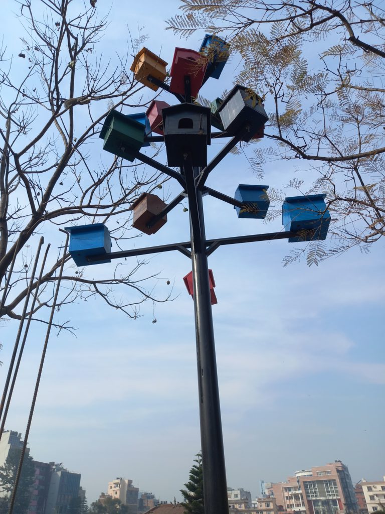 A tall pole with multiple colorful birdhouses attached, resembling branches of a tree. The background includes bare tree branches and a cityscape under a clear blue sky.