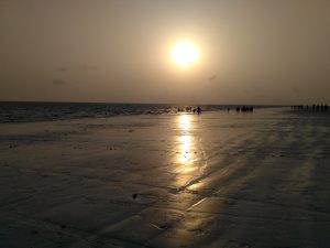 A serene beach scene at sunset with the sun low on the horizon and its reflection shimmering on wet sand. Silhouettes of people are visible near the water's edge, creating a peaceful and picturesque atmosphere.