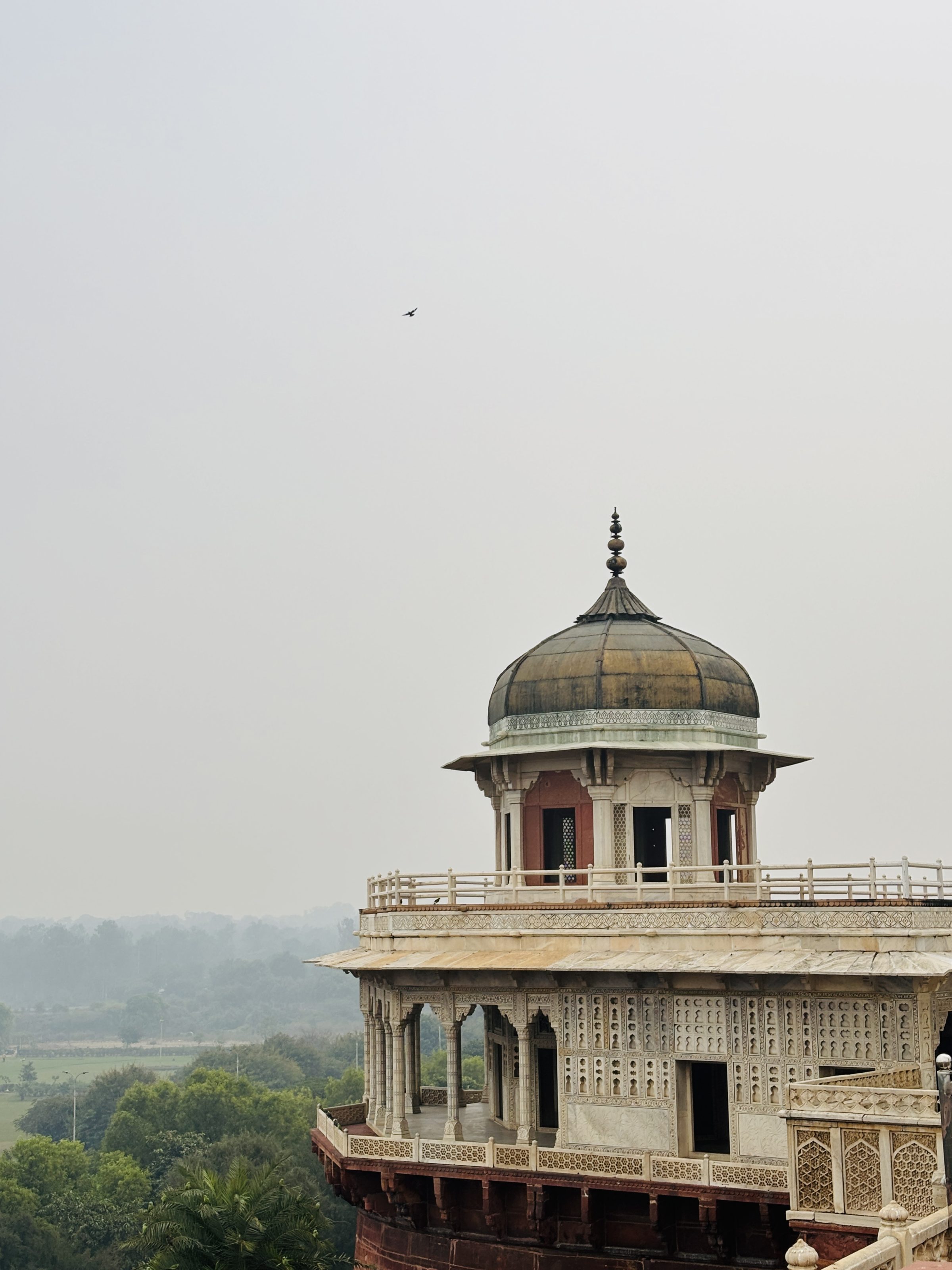 A marble pavilion with intricate carvings and ornate details, featuring a dome on top. The pavilion overlooks a lush green landscape, with a bird flying in the hazy sky above.