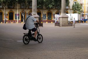 A person rides a bicycle across a paved space with trees and historical buildings in the background. The rider is wearing casual clothing and has a bag slung across their back.