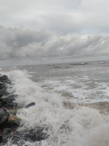 Waves crashing against a rocky shoreline under a cloudy sky, with the ocean extending into the distance.