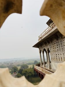 View through an ornate window featuring a historic building with intricate stonework and arches. The landscape in the background includes greenery and a cloudy sky. A bird is silhouetted against the sky.