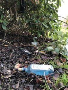 A scene of debris scattered beneath a bush with fallen leaves and grass. Visible items include an empty blue glass bottle, a black bottle, and some discarded wrappers, contributing to the litter in the natural setting.