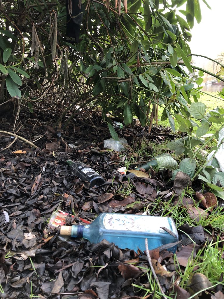 A scene of debris scattered beneath a bush with fallen leaves and grass. Visible items include an empty blue glass bottle, a black bottle, and some discarded wrappers, contributing to the litter in the natural setting.