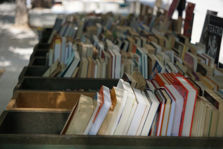 A large outdoor display of books organized in several wooden boxes, with some books standing upright and others leaning diagonally.