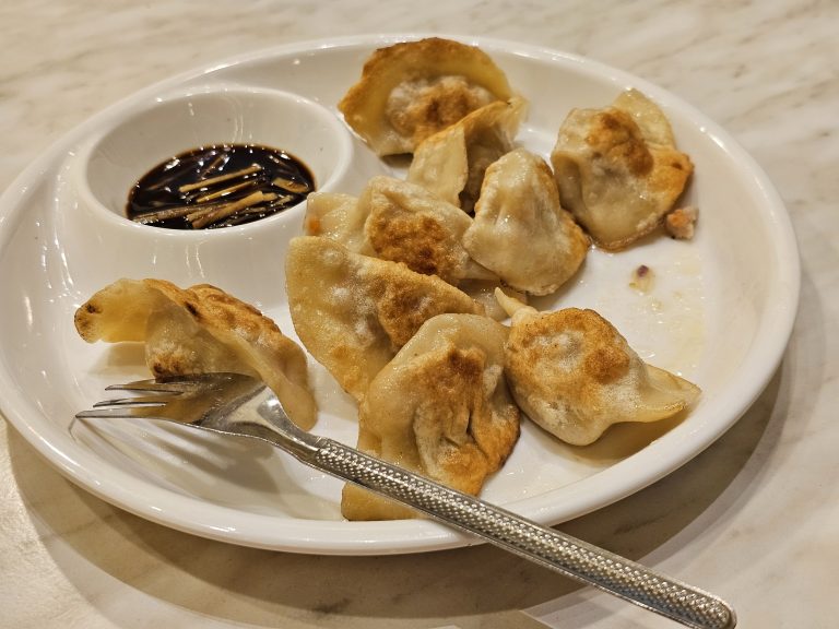 A plate with dumplings like food and soup in it. A fork is also there to eat.