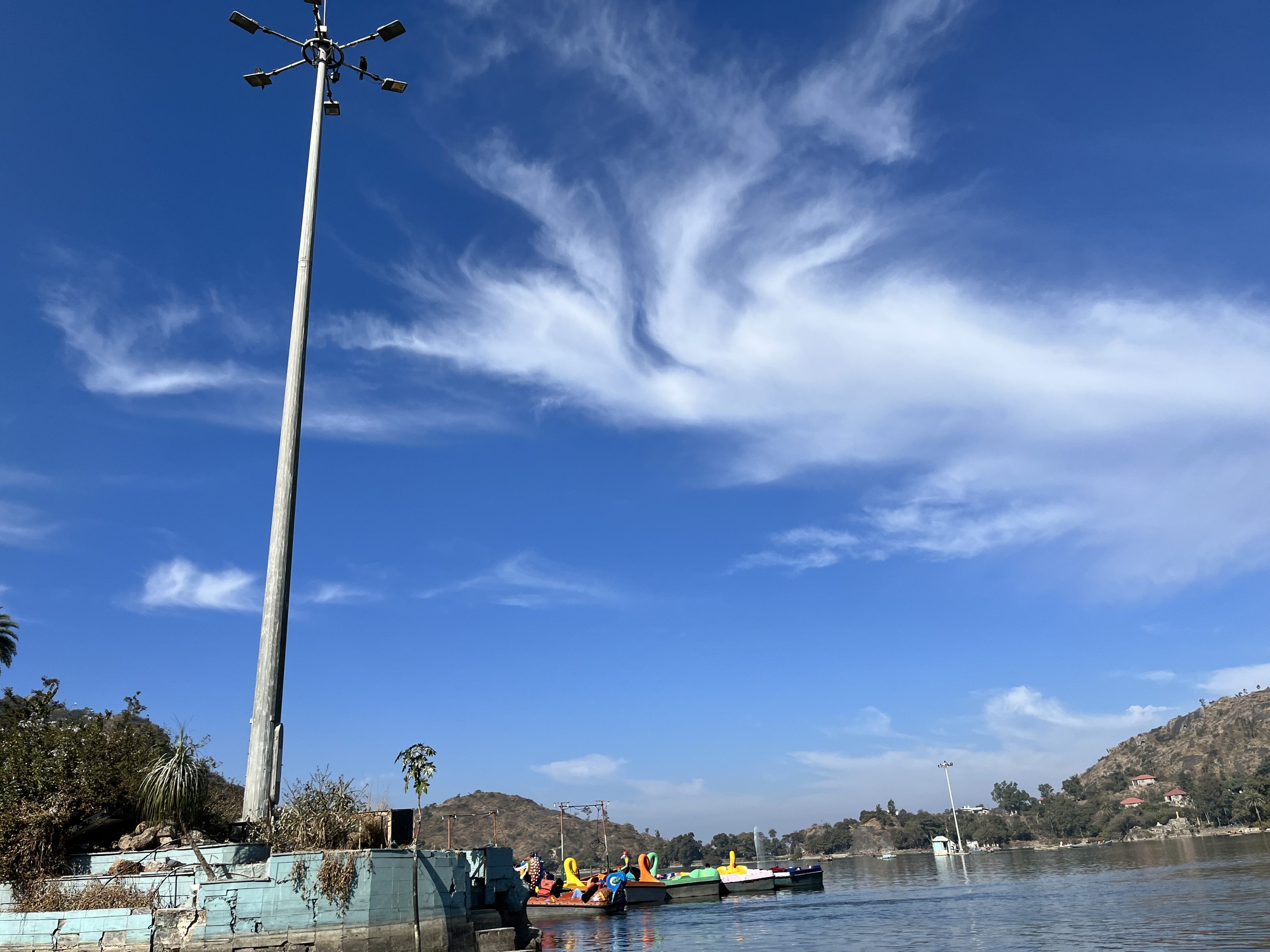 Lake with several colorful paddle boats on the water. In the foreground, there is a tall streetlamp and some vegetation. The sky is bright blue with wispy white clouds.