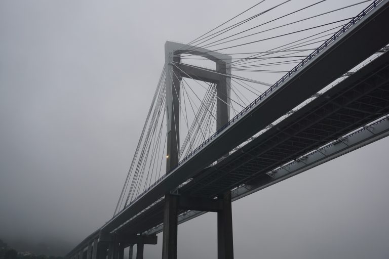 A large cable-stayed bridge with multiple cables stretching from the towers to the roadway is shown against a gray, overcast sky.