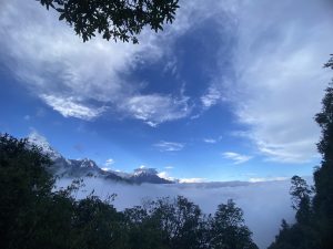 Mount Fishtail nestled between the clouds and the forest.