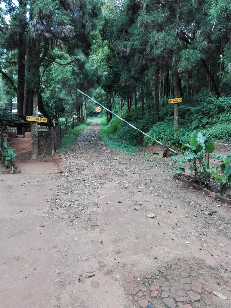 A dirt path leading through a dense forest area with trees on both sides. A wooden post with a yellow sign reads “Raniban Post” on the left, and another yellow sign on the right says “Only for Walkers.” A horizontal barrier is positioned across the path.