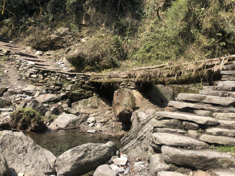 A rustic stone path leads across a small wooden bridge over a rocky stream surrounded by dense greenery. The stones are uneven, displaying a natural, weathered appearance, and the area is filled with foliage.