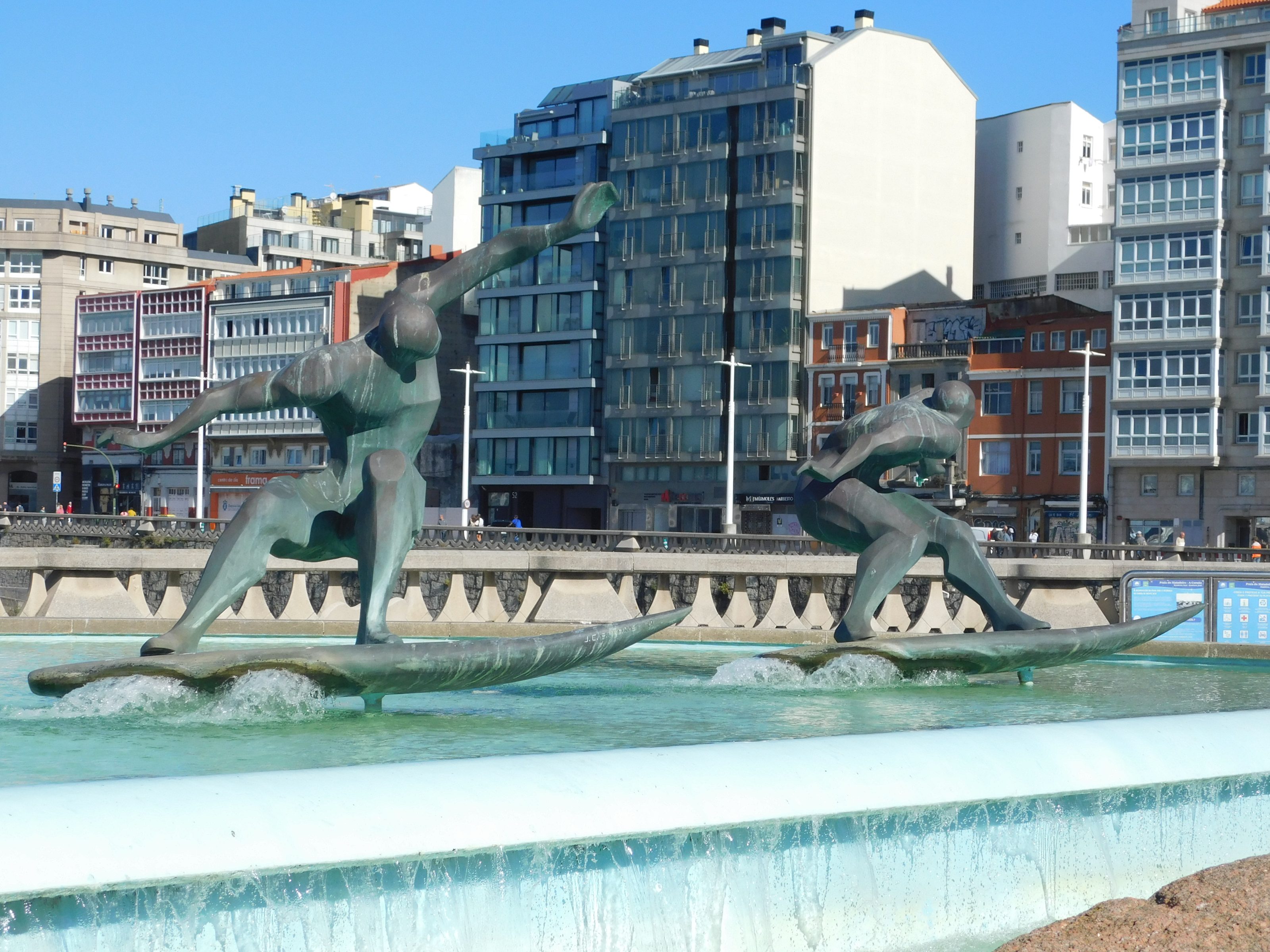 Surfers' Square in A Coru?a, Spain, featuring its iconic monument and coastal atmosphere.