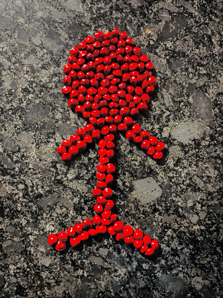 A stick figure made from red seeds arranged on a dark speckled surface.