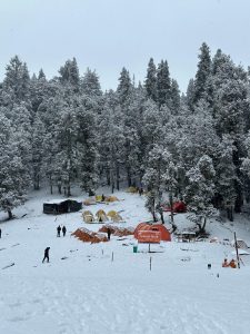 A snowy campsite surrounded by a dense forest of tall, snow-covered trees. Several orange and yellow tents are set up in the clearing, with a few people walking around the area. 