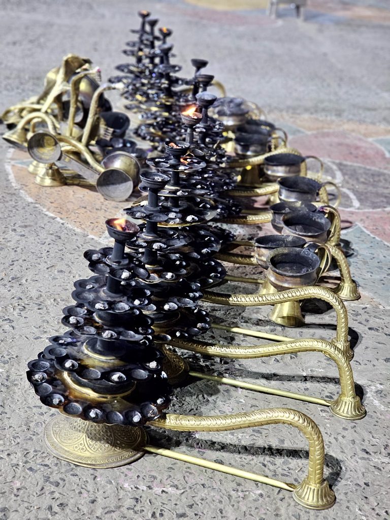 The beauty of tradition: rows of handcrafted oil lamps. From the shores of holy river Ganga, Kolkata.