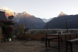 Local House at Ghandruk and Mountain on  background.