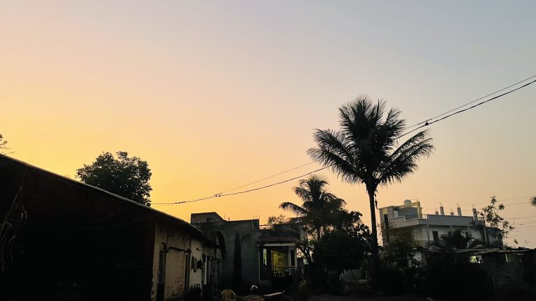 A silhouette of a residential area during sunset, featuring buildings, trees, and power lines against a warm, gradient sky transitioning from yellow to blue. A prominent palm tree stands in the foreground.