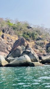 A rocky shoreline with large boulders and sparse vegetation, leading up to a forested hill under a clear blue sky. 
