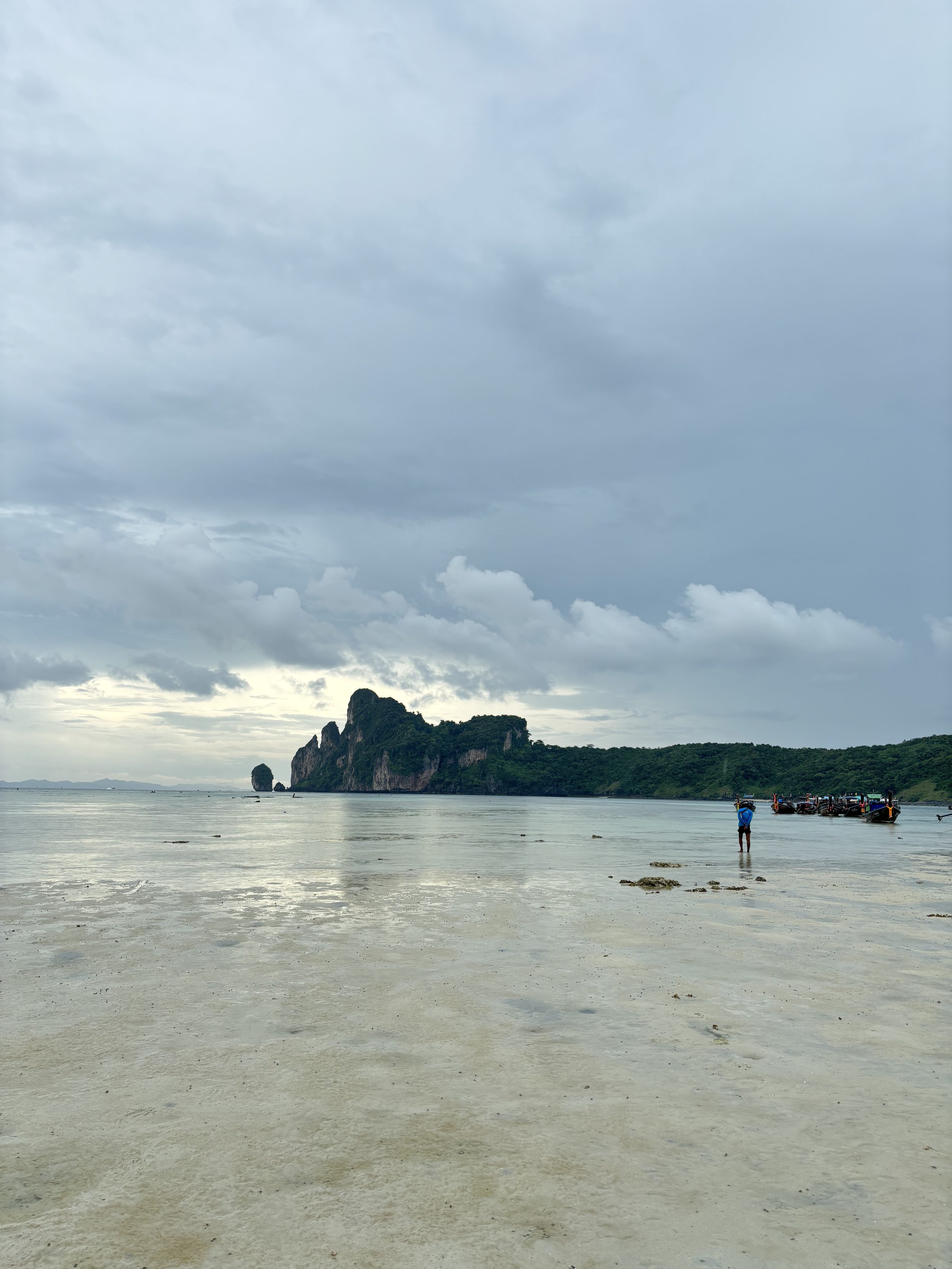 A serene beach scene featuring a distant boat on the horizon, with gentle waves lapping at the shore.