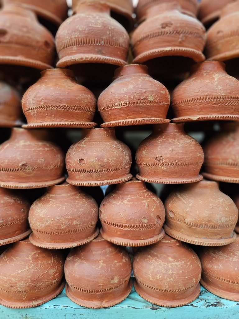 Close up of Clay tea pots (matka). From Kolkata, West Bengal.