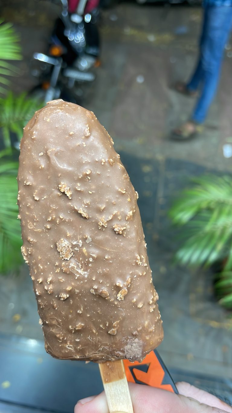 A chocolate-coated ice cream bar with nut pieces, held in someone’s hand against an outdoor setting with blurred background elements like greenery and pavement.