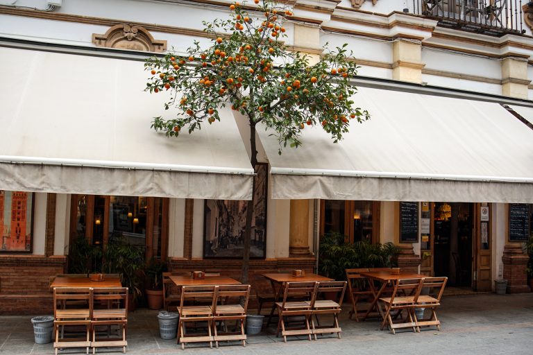 Outdoor café with wooden tables and chairs under a large cream-colored awning. A small tree with ripe oranges sticks out of the awnings of the café. The building facade is stylish with tall windows and potted plants near the entrance.