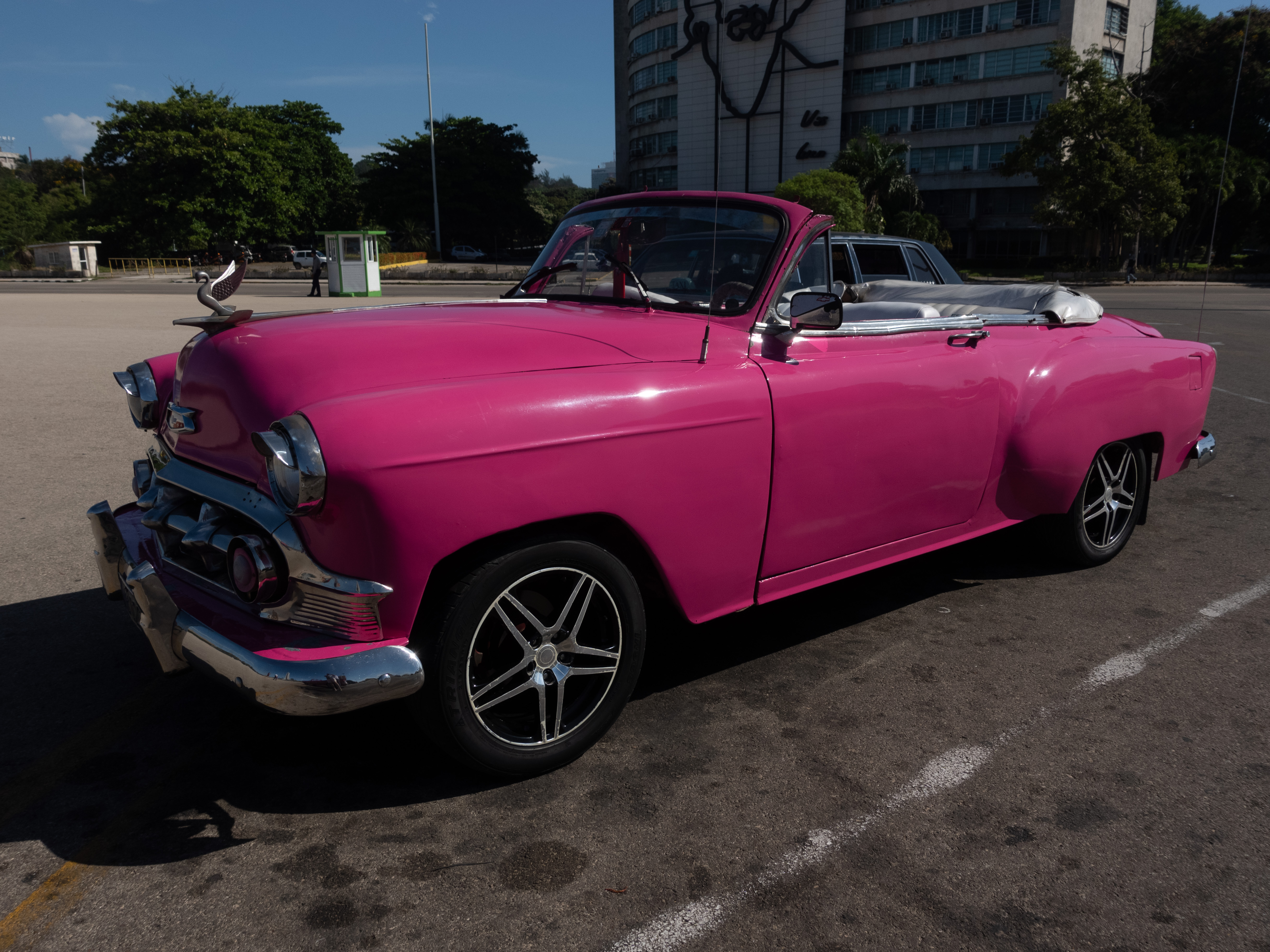 Bright pink vintage convertible with white seats, parked in a sunny area with trees and buildings in the background. La Habana, Cuba.