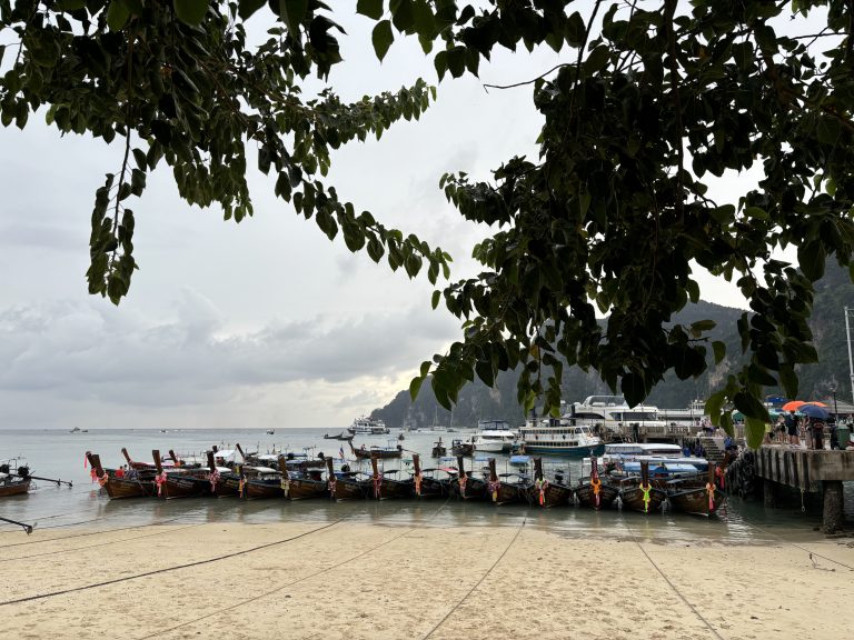 A collection of boats anchored at a sandy beach, with gentle waves lapping at the shore under a clear sky.