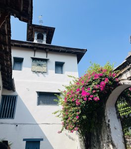A historic building with a clock tower against a clear blue sky. The structure has wooden roofs and blue shutters. There is a lush bougainvillea plant with bright pink flowers climbing over an archway on the side.