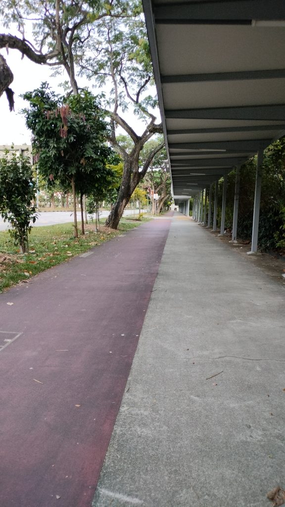 Covered walkway alongside a jogging path, surrounded by lush greenery and shaded trees, creating a peaceful urban escape.