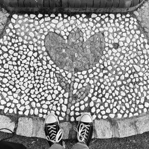 Black and white photo. The image shows a mosaic of stones on the ground, composed of a flower shape with dark stones and a background of light stones. In the lower area, two black sneakers with white laces can be seen.
