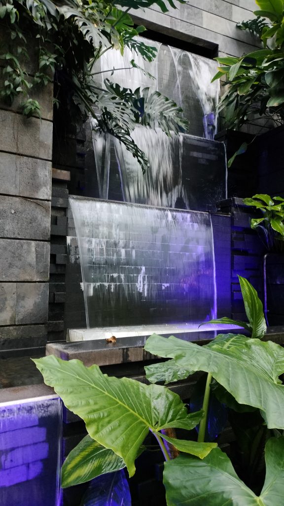 A tranquil cascading waterfall surrounded by lush greenery and illuminated with calming purple lights, creating a serene and peaceful ambiance. Located within the Jewel Changi Airport, Singapore, this beautiful water feature complements the indoor garden’s natural aesthetic.