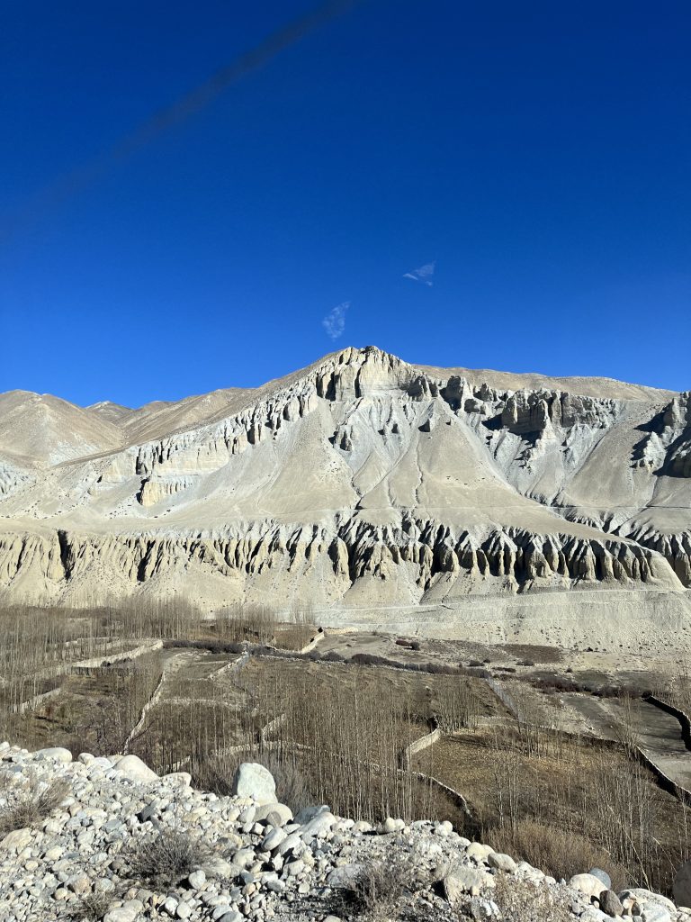 A rugged, arid landscape in the Mustang region of Nepal, featuring steep, eroded rock formations under a clear blue sky, with sparse vegetation and leafless trees in the foreground.