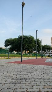 A peaceful urban corner with towering streetlights, lush greenery, and a lone cyclist enjoying the open space under the evening sky.