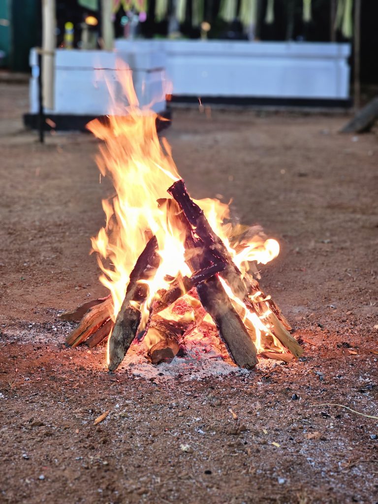 Wooden pieces are burned as part of temple rituals in Perumanna, Kozhikode, with flames rising from logs arranged in a triangular structure.