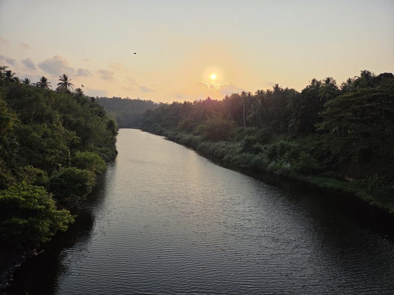 A serene river scene at sunset with the sun low in the sky, framed by lush green trees on both sides. The sky is a mix of warm tones with scattered clouds, and birds are flying above.