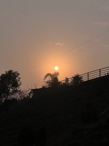 Silhouetted view of a hill with a fence and trees in front of a setting sun, casting a warm glow in the sky.