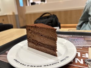 A slice of chocolate layer cake on a white plate.
